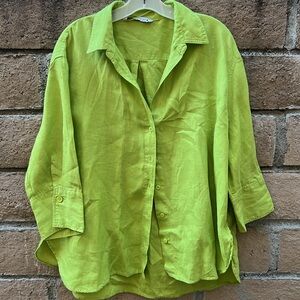 Zara‎ Lime Green 3/4 length sleeve 100% Linen Fabric size XL